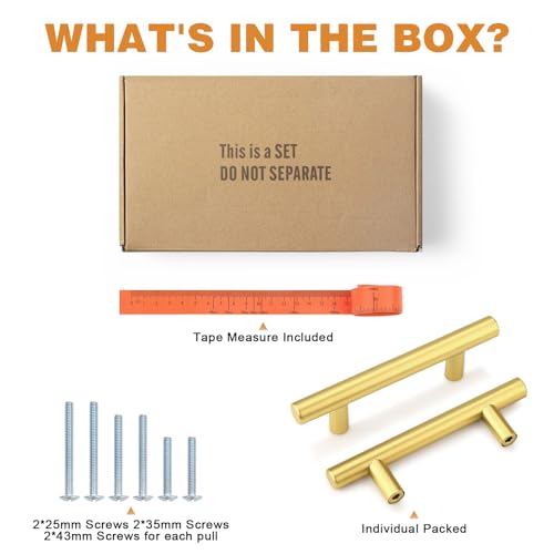 Probrico 5 Pack 3 Inch Center-to-Center Kitchen Cabinet Pulls T Bar Gold Cabinet Handles Modern Drawer Hardware Dresser Pulls, 5 Inch Total Length - color: Gold, size: hole center 3"