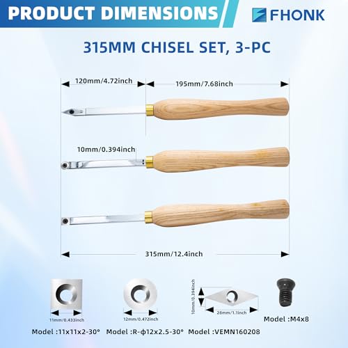 12-1/2 inch Wood Lathe Turning Tools Set 3 pcs, 12.5" Finisher Carbide Tipped Lathe Chisel Tool Bar, with Wooden Handles and Square Round Diamond Carbide Inserts