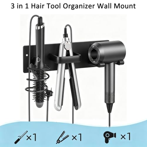 3-in-1 Aluminum Hair Dryer Holder, Matte Black Styling Tools Rack | No Drill Heat Resistant Wall Hair Tool Stand for Blow Dryer, Flat Iron & Curling Iron, Bathroom Rental Homes, No Wall Damage - size: A