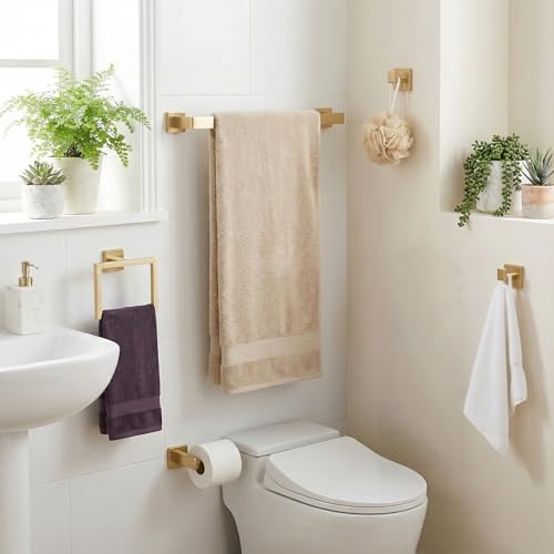 5-Piece Brushed Gold Bathroom Accessory Set, 16 Inch Bathroom Hardware Set, Towel Racks for Bathroom, SUS304 Stainless Steel Wall Mounted Bath Towel Bar Set - color: F-16 Brushed Gold