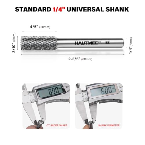 HAUTMEC Tungsten Carbide Rotary Burr Bit YG6, 1/4" Shank Double Cut Die Grinder Bit, Low Vibration Precision Rotary File for Metal Grinding, Engraving & Deburring (8MM Cylindrical), HT0197 - color: Cylindrical, size: 8mm