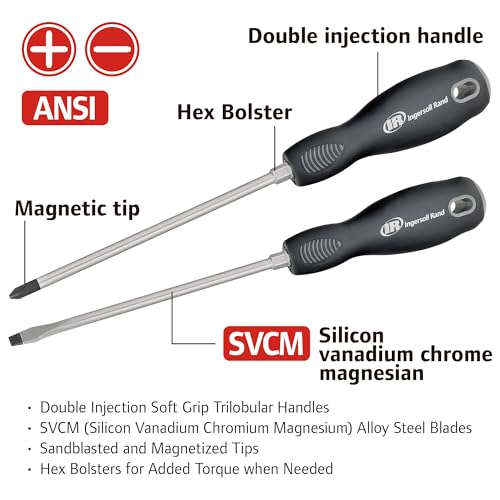 Ingersoll Rand 9-Piece Screwdriver Set, Slotted (1/4"x1.5", 1/4"x4", 5/16"x6"), Phillips (#2x1.5", #2x4", #3x6"), Offset (3/16"x#1, 1/4"x#2) – SVCM Steel, Magnetized Tips, Hex Bolsters – 752059X - style: Screwdriver