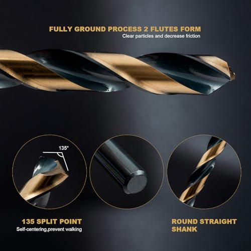 HIDOTOL Drill Bit Set 29Pcs, 135 Degree Tip High Speed Steel with Black and Gold Finish, Stainless Steel, Plastic and Wood with Metal Indexed Storage Case 1/16"-1/2" - size: Black Gold 29 PCS