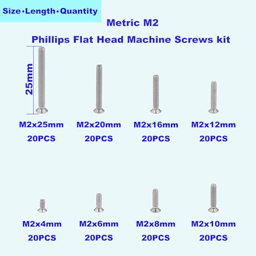 Metric M2 304 Stainless Steel Phillips Flat Head Screw Assortment Kit - size: M2