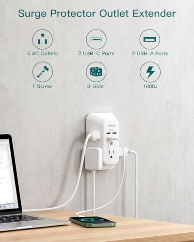 Addtam 5-Outlet Extender Surge Protector, Multi Plug Wall Outlet with 4 USB Wall Charger(PD 30W), Outlet Splitter Power Strip for Home Office Dorm Room Essentials, Plug Extension Outlet 1800J - size: 2c2a Pd 30w