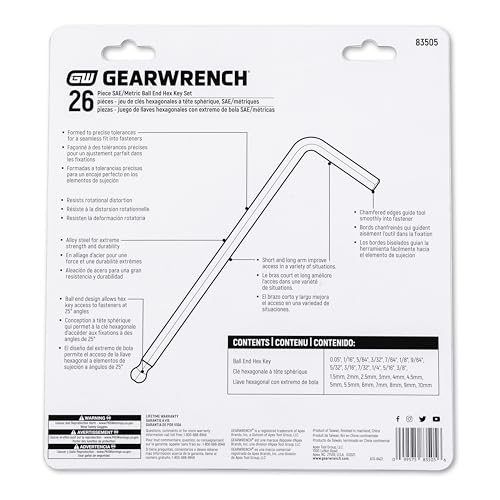 GEARWRENCH 26 Piece SAE/Metric Ball End Long Arm Hex Key Set - 83505