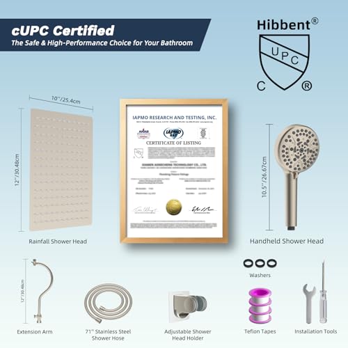 Hibbent All Metal cUPC Certified High Pressure Rainfall 12'' Shower Head - color: Brushed Nickel, style: Square 12''