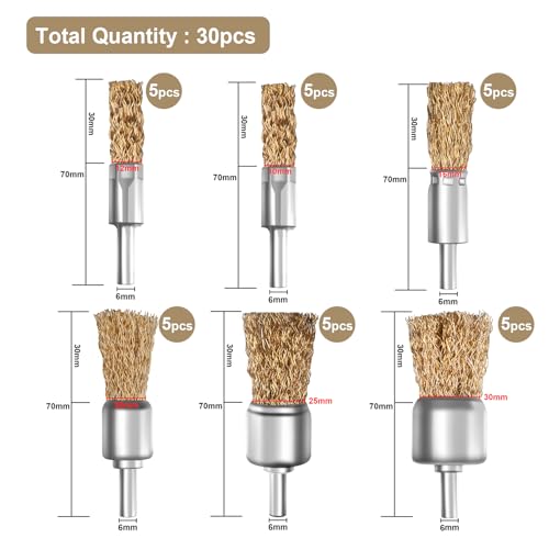 ATOPLEE 30pcs Brass Coated Wire Brush Wheel & Cup Brush Set with 1/4 Inch Round Shank,6 Sizes Crimped Wire Brush Wheel for Rust Removal, Corrosion and Scrub Surfaces,for Drill Attachment - style: 6 Sizes,30pcs