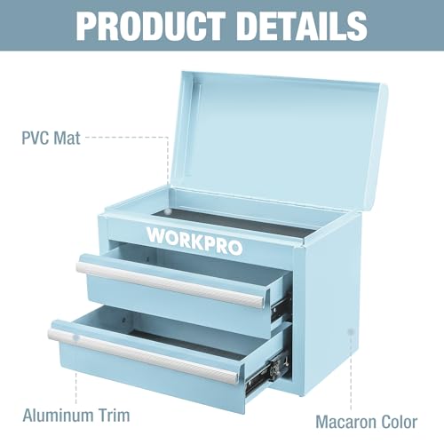 WORKPRO Metal Mini Tool Box with 2 Drawers and Top Storage - color: Macaron Blue