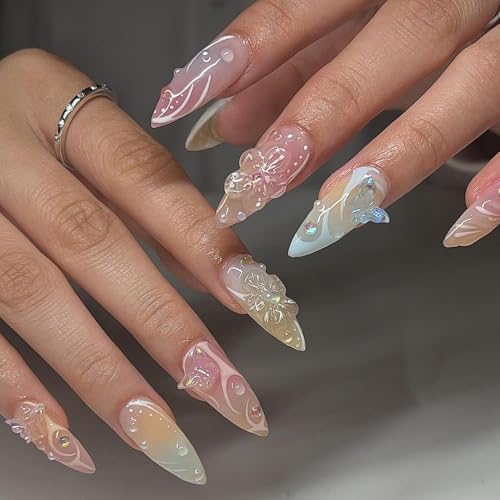 3D Flower Butterfly Press On Nails, Medium Almond Blue Pink with Floral Pearl & Cute Charms, Designer Reusable Acrylic Fake Nails for Women, Spring Summer Daily & Party Wear - color: LF-3386, size: 24 Pieces (Pack of 1)
