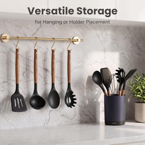 SMIRLY Silicone Kitchen Utensils Set, 22-Piece Acacia Wood Handle, Black - color: Black