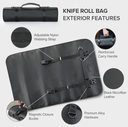 XINZUO 9-Slot Leather Chef Knife Roll Bag with Strap - color: All-black microfiber knife roll