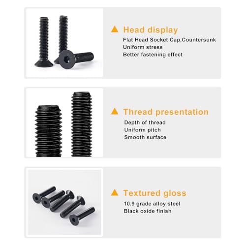 M5 x 10mm 20mm 30mm 40mm, Flat Head Hex Socket Cap Screws Bolts, Countersunk Bolts and Nuts, 10.9 Grade Alloy Steel, Black Oxide, Metric Allen Drive, Fully Thread, Assortment Kit 80PCS - size: M5x10-40mm+Nuts
