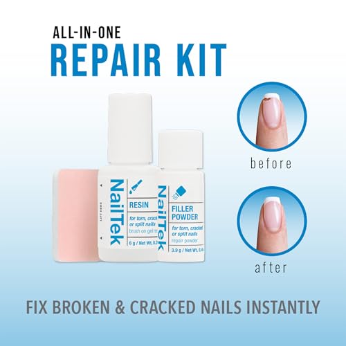 Nail Tek Nail Repair Kit for Torn, Cracked & Split Damaged Nails – Strengthener with Resin, Filler Powder & Buffer, Manicure Care Set, 1 Pack - color: Blue