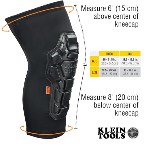 Klein Tools 60611 Knee Pads, Heavy Duty Padded Knee Sleeves, Breathable Mesh Back, Elastic Cuff with Slip-Resistant Silicone, Black, L/XL - size: L/XL