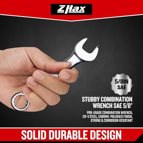 zhax 5/8" SAE Stubby Combination Wrench, 12 Point Box End, 15 Degree Offset Design, Mirror Polish Finish, Forged CR V Steel, Hand Tools for Mechanics, Ideal for Auto and Home Repair - size: 5/8"