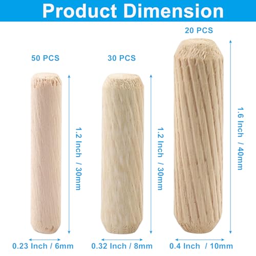 100 Pack Wooden Dowel Pins ,Wood Grooved Plugs Pin Hardwood Fluted Dowels for Furniture Woodworking Crafts, DIY Carpentry(M6x30mm+M8x30mm+M10x40mm)