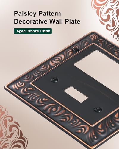 2-Pack Paisley Pattern Combo Toggle/Decorator Light Switch Cover Plate | Decorative Wall Outlet Cover Plate, Electrical Outlet Covers, Metal Wall Switch Plates and Outlet Covers, Aged Bronze - color: Aged Bronze, size: 1 Toggle/1 Decorator 2PK