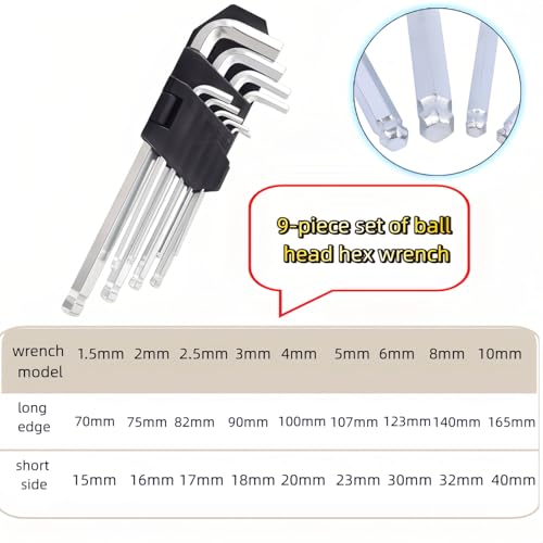 Professional 9-Piece Ball End Hex Key Set, Chrome Vanadium Steel L-Wrenches, 1.5-10mm Metric Sizes, Industrial-Grade with Storage Case for Automotive, Motorcycle, DIY Repair (M) - size: M