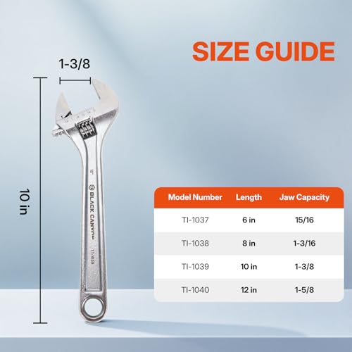 BLACK CANYON Adjustable Wrench 10 Inch, Wide Jaw Spanner with Imperial and Metric, Premium Chrome Forged Steel for Automotive Plumbing, Household Repairs and DIY - size: 10 in