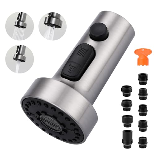 ARCORA Pull Down Kitchen Faucet Head Replacement with 13 Adapters, 3 Modes - color: Brushed Nickel