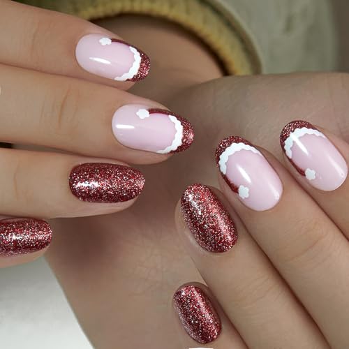 CurvLife Medium Oval Press On Nails, Santa Hat, Soft Gel - color: Santa Hat Nails