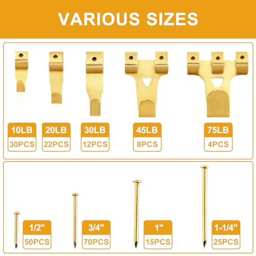 KURUI 303Pcs Picture Hanging Kit, Picture Hangers Assorted Kit with Heavy Duty Picture Hanging Hooks/Hardware Nails/Sawtooth/Wire/D Rings/Level, Metal Picture Wall Hooks for Frame Canvas Mounting - size: Gold