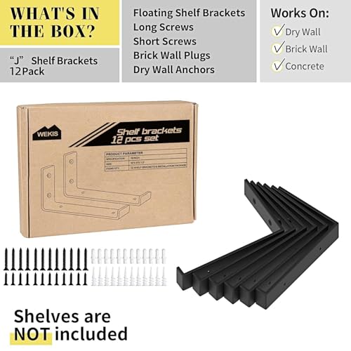 WEKIS Shelf Bracket, Heavy Duty Floating Shelf Brackets 10-Inch Long, 12-Pack Brackets for Shelves, Black Coated J Shape Metal Wall Shelf Support Brackets with 1/5-Inch Thick and 160 lb. Load Capacity - size: 10 Inch