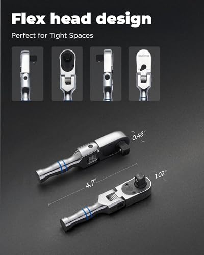 toolant Stubby 3/8" Drive Flex Head Ratchet, 90 Tooth Compact Flex Head Socket Ratchet Wrench, 4.7 Inch Length - size: 3/8" - 4.7 in, style: Flex-head Ratchet