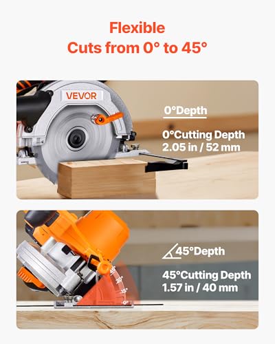 VEVOR 20V Cordless Circular Saw, 6-1/2" Brushless Circular Saw, 4700 RPM, 0-45 Degree Bevel Capability, LED Light, Electric Circular Saw Kit with Battery and Charger Included, for Wood Cutting - size: 6-1/2 in
