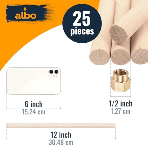 ALBO 1/2" x 12" Wooden Dowel Rods Set - 25 Pack Birch Natural Thin Craft Rods Joinery Hangers Hardwood Smooth Finish Universal Size Crafts Furniture DIY Projects Bulk Professional - size: 1/2" x 12" 25 Pcs