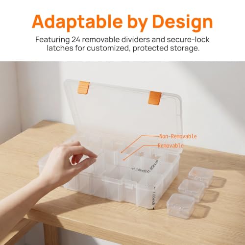 24 Grids Bead Organizer with Adjustable Dividers, 1.14"x1.85" Each Grid, Plus 3 Mini Storage Box for Jewelry, Fishing Hooks, Arts & Crafts, Office Supplies - color: Clear-L