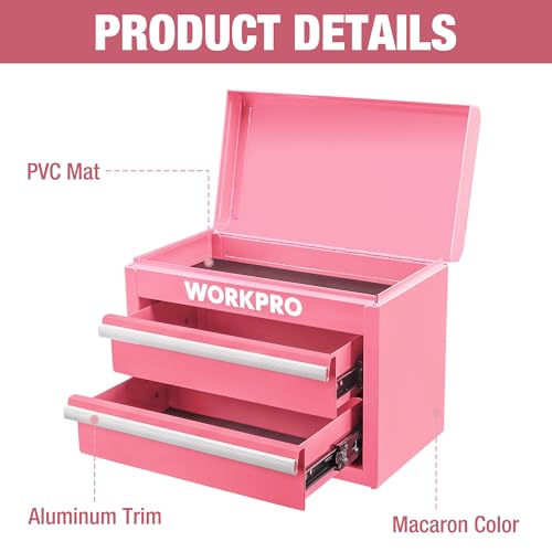 WORKPRO Metal Mini Tool Box with 2 Drawers and Top Storage - color: Pink