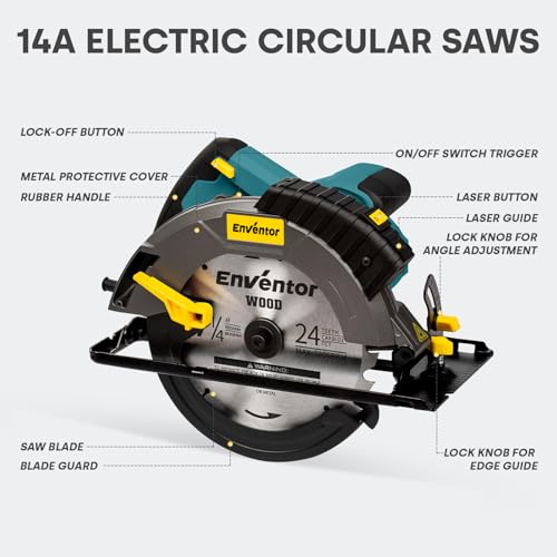 Enventor Circular Saw with Laser Guide, 2 Blades 7-1/4", 14A Corded Motor - size: 14A