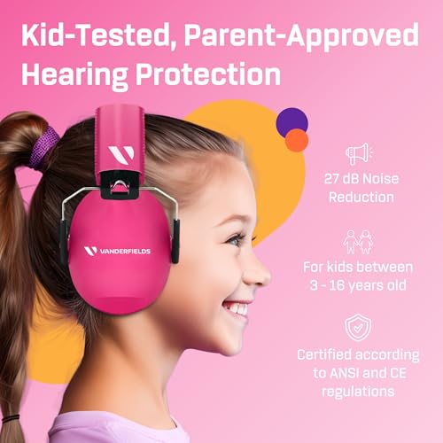Kids Noise Canceling Headphones - 33 dB (2K Hz) - Ear Protection Earmuffs | Vanderfields' earmuffs protect child's hearing with certified noise-cancellation, soft ear cushions, and adjustable headband - color: Pink