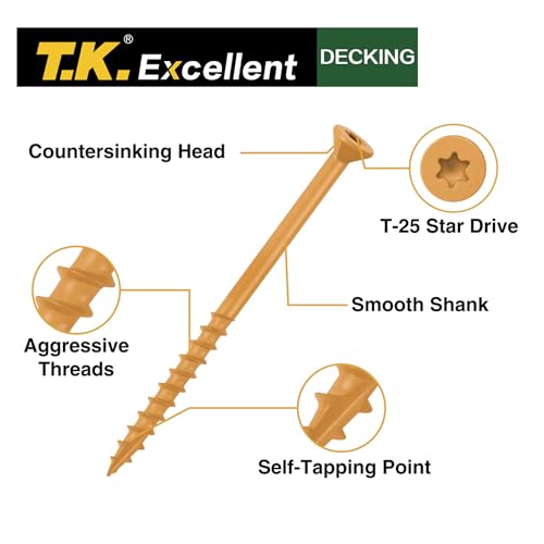 T.K.Excellent Deck Screws 2-1/2 Inch Wood Screws #9 x 2-1/2, 395 Pcs, Rust Resistant Tan Exterior Structural Screws, Torx Drive Screws, Two T25 Bits, Brilliant Yellow Ruspert Coating Rust Proof - size: #9×2-1/2