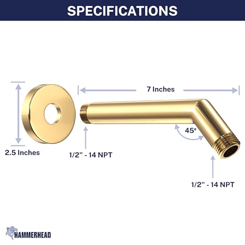 HammerHead® Solid Metal Shower Arm and Flange - 7.5 Inch 304 Stainless Steel Extension Pipe - Universal Shower Head Arm with Flange and Locking Screw, Polished Brass - color: Polished Brass