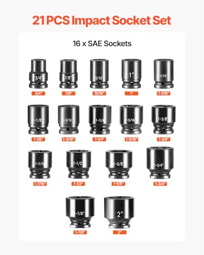 VEVOR 3/4 in Drive Impact Socket Set, 21 Pieces SAE 3/4 in to 2 in, 6 Point Cr-V Alloy Steel for Auto Repair, Easy-to-Read Size Markings, Includes Extension Bars, Ratchet Handle and Storage Case - size: 3/4" 21PCS