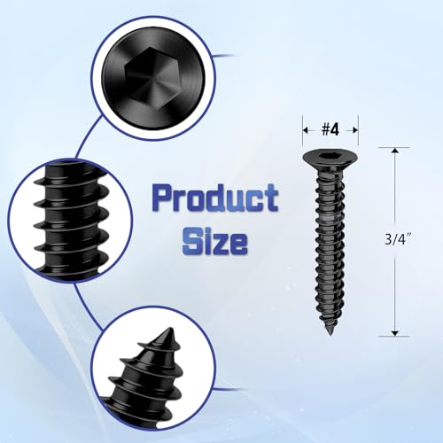 200-Piece #4 x 3/4" Flat Head Hex Socket Self Tapping Screws - Black Zinc Plated Steel, Countersunk Wood Screws with Drive Bit, for Woodworking & Furniture Repair - size: #4 x 3/4"