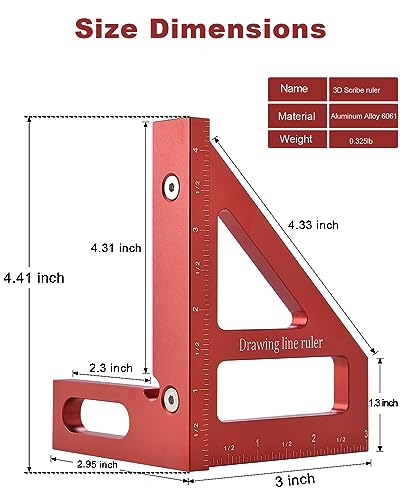 Imperial 3D Multi-Angle Measuring Ruler,45/90 Degree Aluminum Alloy Woodworking Square Protractor, Miter Triangle Ruler High Precision Layout Measuring Tool
