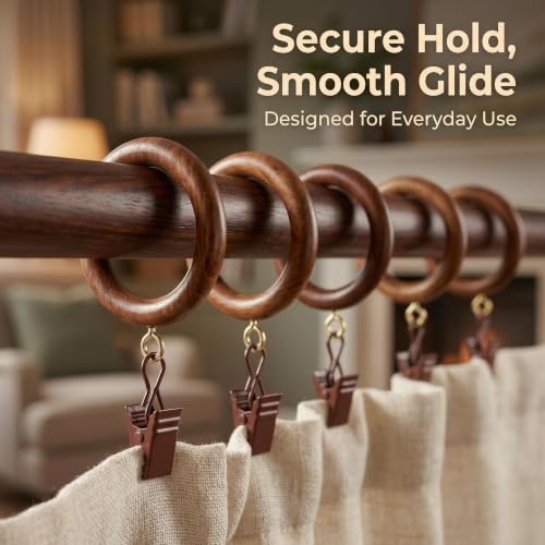 50 Pieces Natural Rosewood Wooden Curtain Rod Rings with Clips | 2 Inch Outer Diameter, 1.25 Inch Inner Dia | Fits 1 Inch Rod | Drapery Curtain Rings - size: 1.25 INCH Inner Dia