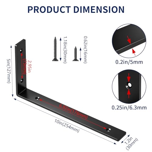 LSK 6PCS Shelf Bracket, L 10"×H 5", 5mm Thick Heavy Duty L Bracket, Black - color: Black, size: 10x5 inch (heavy duty)
