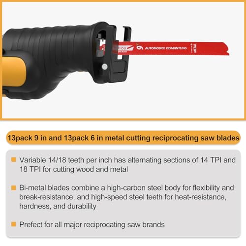 13 Pack 9 in 14/18 TPI and 13 Pack 6 in 14/18 TPI Bi-Metal Reciprocating Saw Blades for Automobile Dismantling Metal Steel Cutting Non-Stick Coated for Less Heat for 1/16-5/16 Medium Metals - size: 6-9in 26Pack, style: 14/18 Tpi