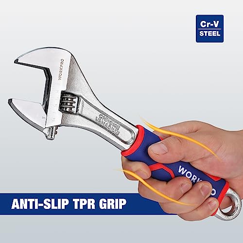 WORKPRO 10-Inch Adjustable Wrench, Wide Jaw, Metric/SAE Scales - size: 10 inch