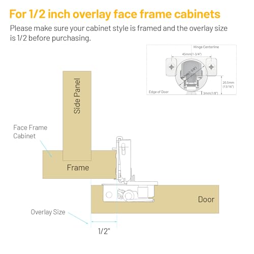 Furniware 20 Pack 10 Pairs 1/2 inch Overlay Soft Close Hinges for Face Frame Kitchen Cabinet Hinges Satin Nickel - 3 Way Adjustability Concealed Soft Close Hinges Damper Self Closing - size: 1/2 inch Overlay