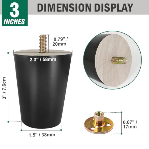 FoDau770 Rubber Wood Legs 3", Straight Taper, 5/16"-18 Thread, Black, 4pcs | Wood Couch legs - Mid Century Sofa Legs - Furniture legs Replacement for Cabinet Dresser Chair Ottoman - color: Black, size: 3 Inch - Straight (90°)