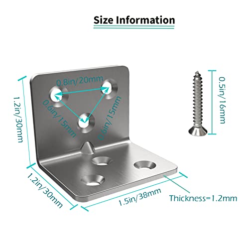 Silver Stainless Steel Corner Bracket,Joint Right Angle Bracket,L Shape Heavy Duty Metal Corner Brace Shelf Supporter for Wood Aufuga (20, 1.5x1.2x1.2) - size: 1.5x1.2x1.2"