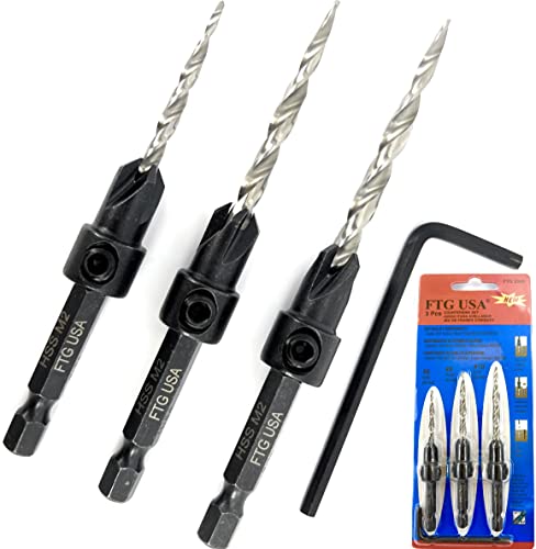 FTG USA 3 Pc Wood Countersink Drill Bit Set #6#8#10 with Hex Key - size: #6#8#10, style: w/o Depth Stop