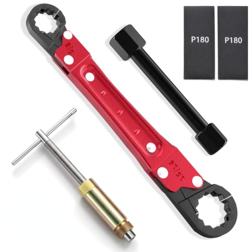 5Pcs Plumbing Tools Kit with Angle Stop Wrench & 1/2-Inch Compression Sleeve Puller, Professional Heavy Duty Ferrule Remover Tool, Plumbers Pipe Wrench and Basin Faucet Wrench Set with P180 Sandpaper - color: 1/2" Sleeve Puller & Wrench Red