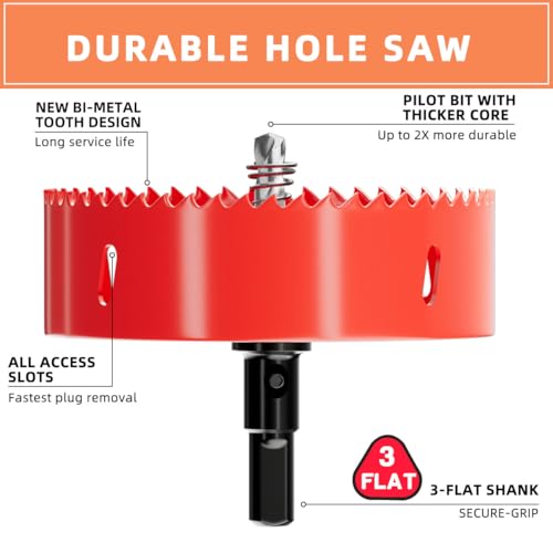 4-1/8 inch Bi-Metal Hole Saw Drill Bit - Ideal for Circular Cuts in Wood, Plastic, and Sheet Metal - 1-3/16" Cutting Depth - Includes Arbor and Pilot Bit - size: 4-1/8"(105mm)